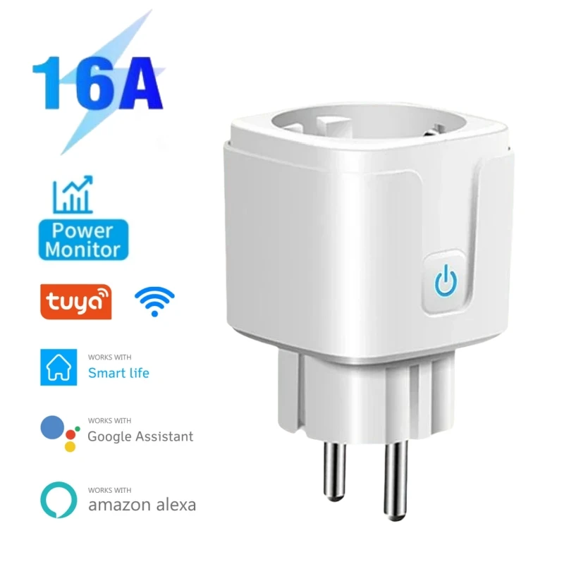 16A Tuya WiFi Smart Socket With Power Monitor EU Plug Timing App Remote Control Voice Control For Alexa Geogle Home Assistant