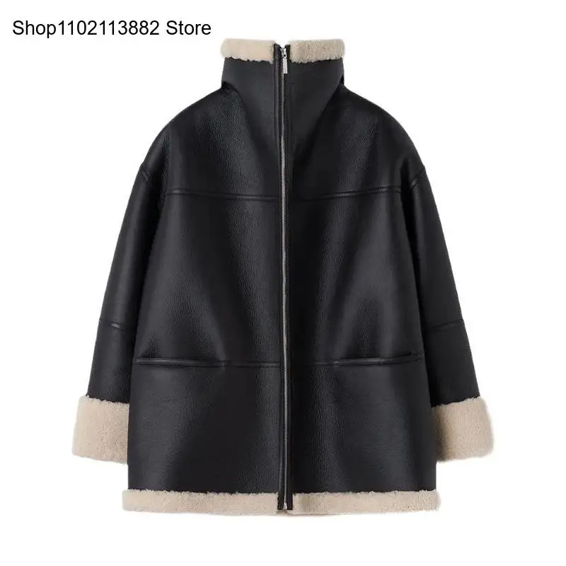 Women\'s Autumn and Winter Fashion Velvet Leather Fur Collar Composite Casual Coat Leather