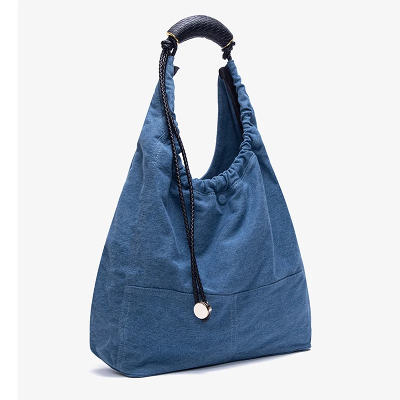 Drawstring Bucket Bags For Women Luxury Designer Handbags Purses 2024 New In Fashion Denim Large Capacity Pleated Shoulder Tote