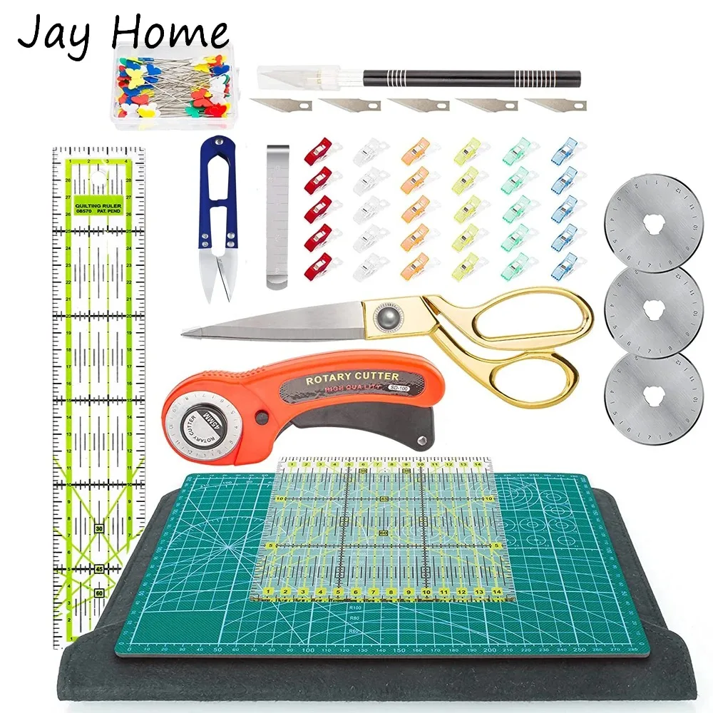 

42PCS Rotary Cutter Set 45mm Fabric Cutter Set & Tailor's Scissors & Patchwork Ruler & Carving Knife & Fabric Clips Sewing Craft