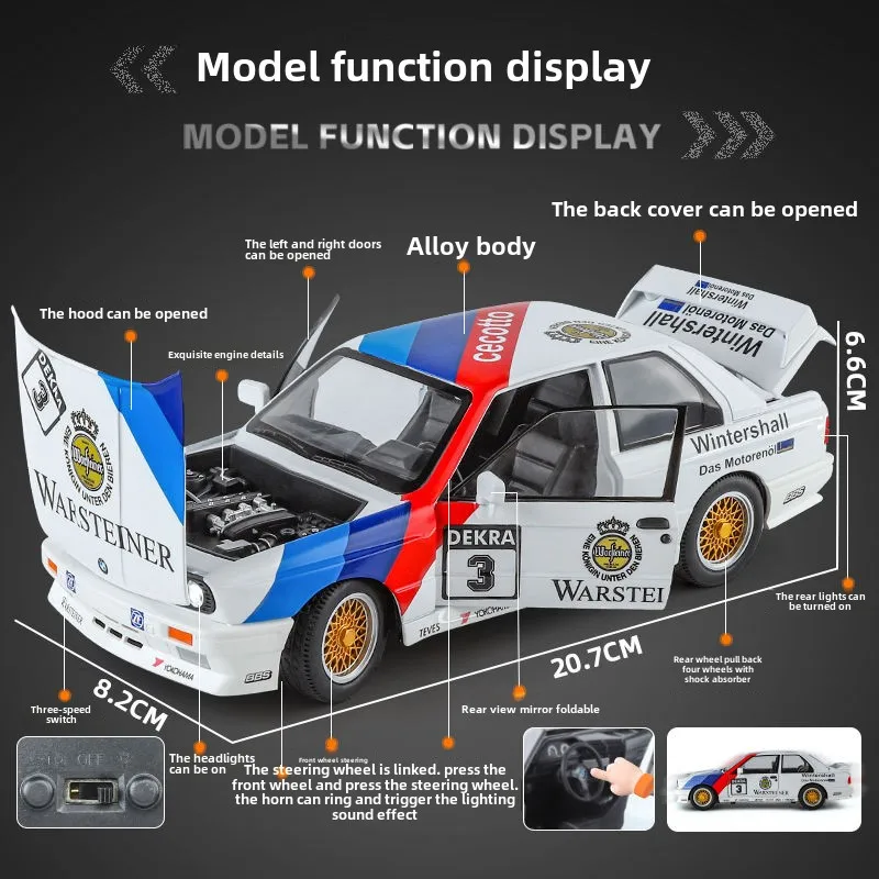 1:24 BMW M3 E30 1987 DTM aluminiowy model samochodu dźwięk i światło wycofać zabawki dla dzieci kolekcje prezent urodzinowy