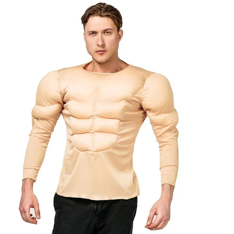 筋肉質の胸の形をしたハロウィンコスチューム、怖いコスプレ衣装、男性用パーティー、ロールプレイ小道具、ボディビルダーの体型スーツ、強調された腹筋付き