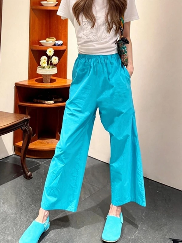 

Summer 2026 High Waist Straight Leg Wide Leg Pants Simple Casual Dopaamine Lake Blue High Fashion Sensation Women's Casual Tr...