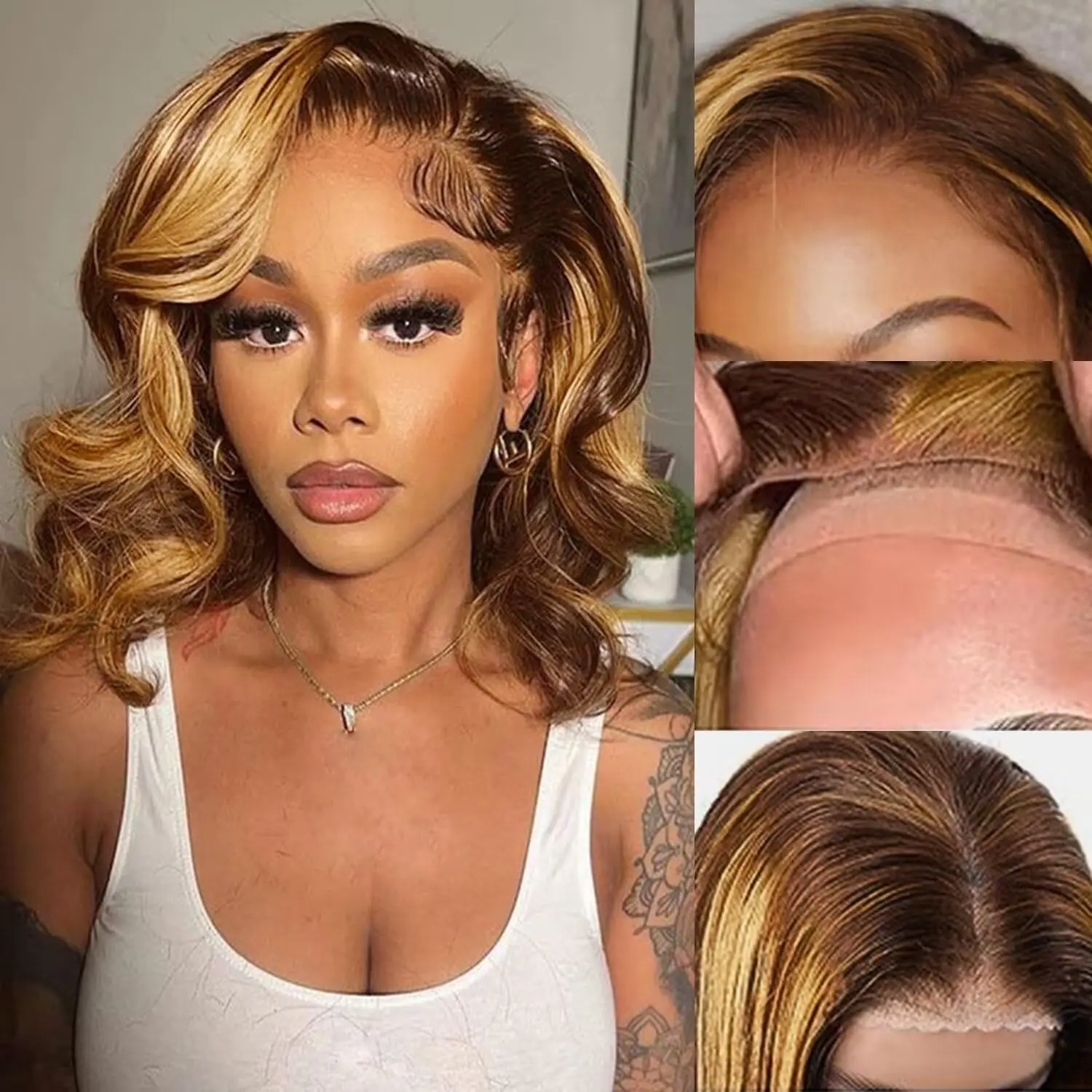Front Lace Wig Piano Color Big Wave Bob Shoulder Length Free Part Short Hair for Women