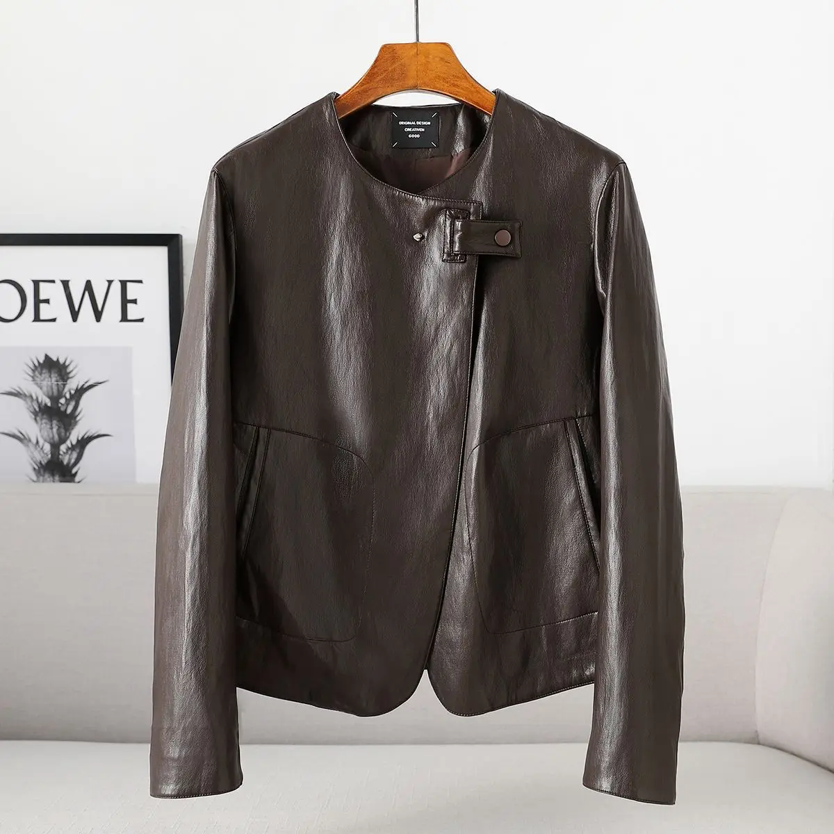 Autumn and Winter Minimalist New Round Neck Pu Leather Jacket Retro Motorcycle Style Pu Coat