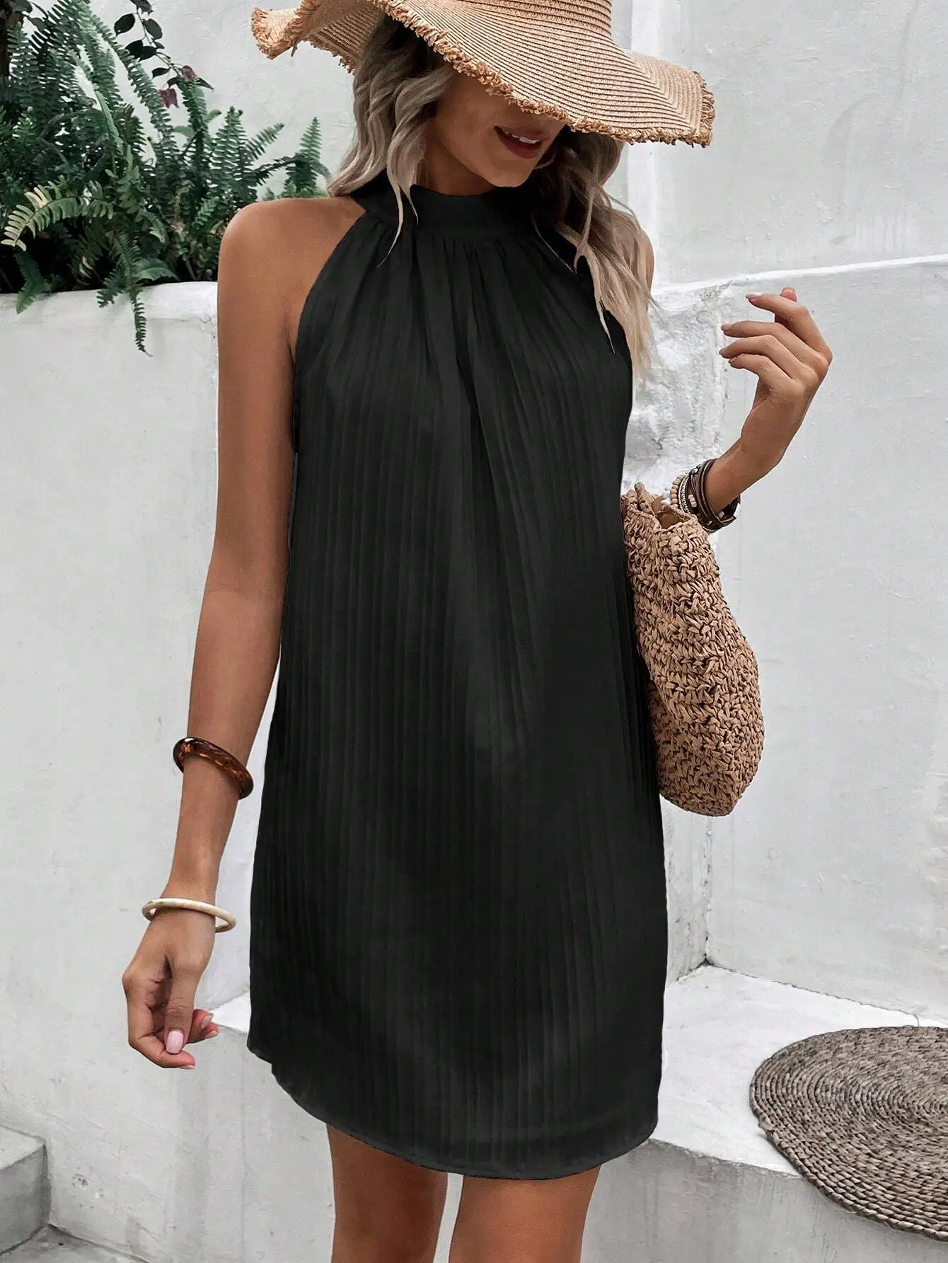 Solid Color Halter Neck Sleeveless Mini Dress For Women Beach Vacation Outfit