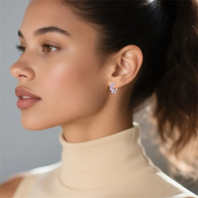 Immagine 5: Eleganti orecchini a cerchio in argento sterling 925 con cristalli rosa per le donne, regali di gioielli da sposa di alta qualità