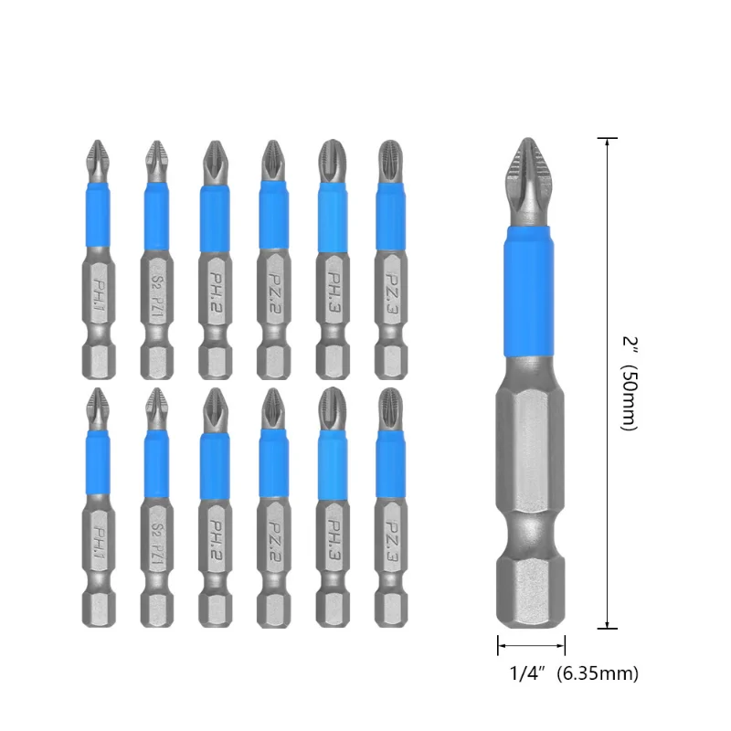 6/12Pcs Non-Slip Magnetic Screwdriver Bit Set Hex Shank Phillips/Cross Head Screwdriver Drill Bit PH1/PH2/PH3/PZ1/PZ2/PZ3