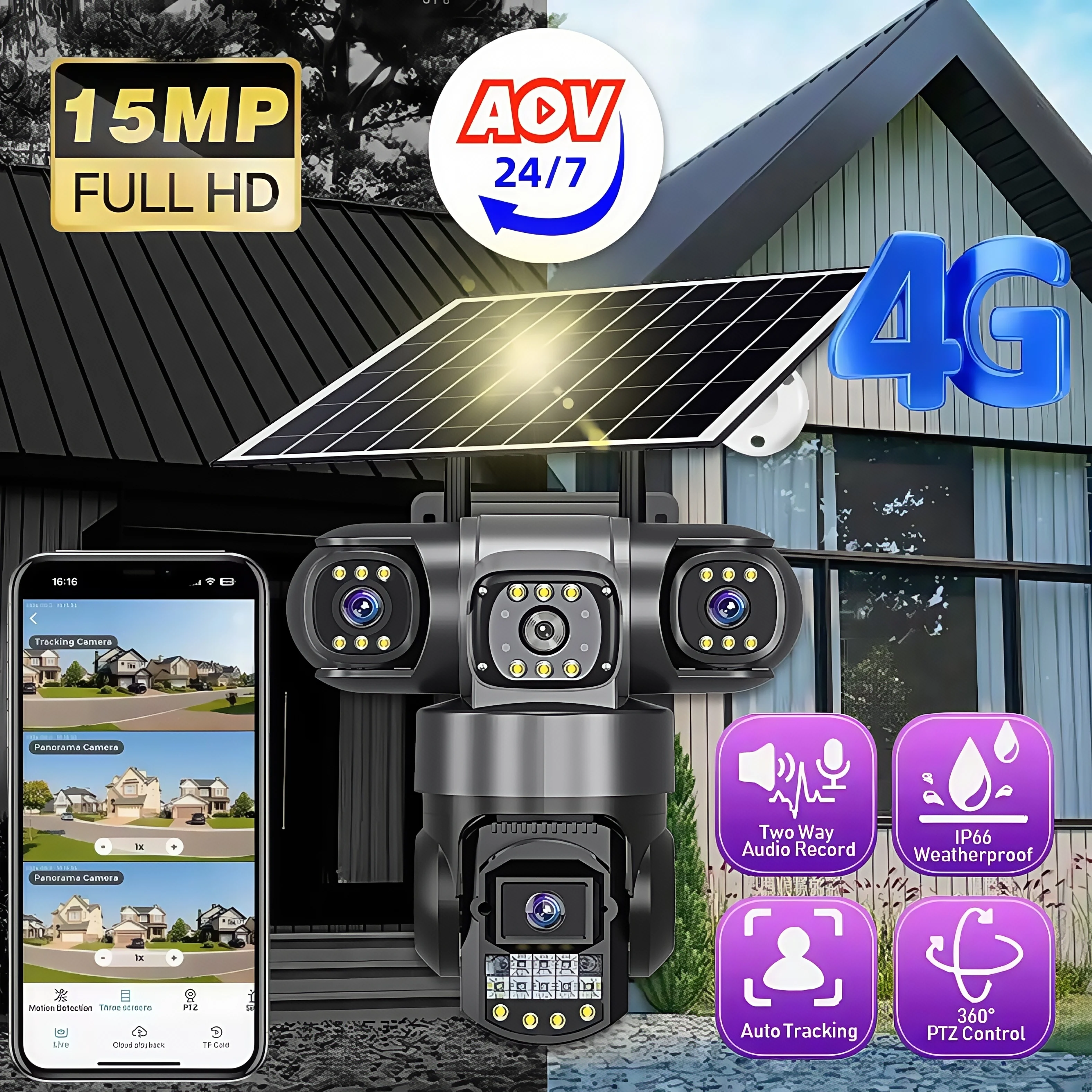 Cámara Solar 4G, Triple lente inalámbrica, cámara web IP de Triple pantalla, batería de baja potencia, cámaras AOV, protección de seguridad inteligente para el hogar CCTV