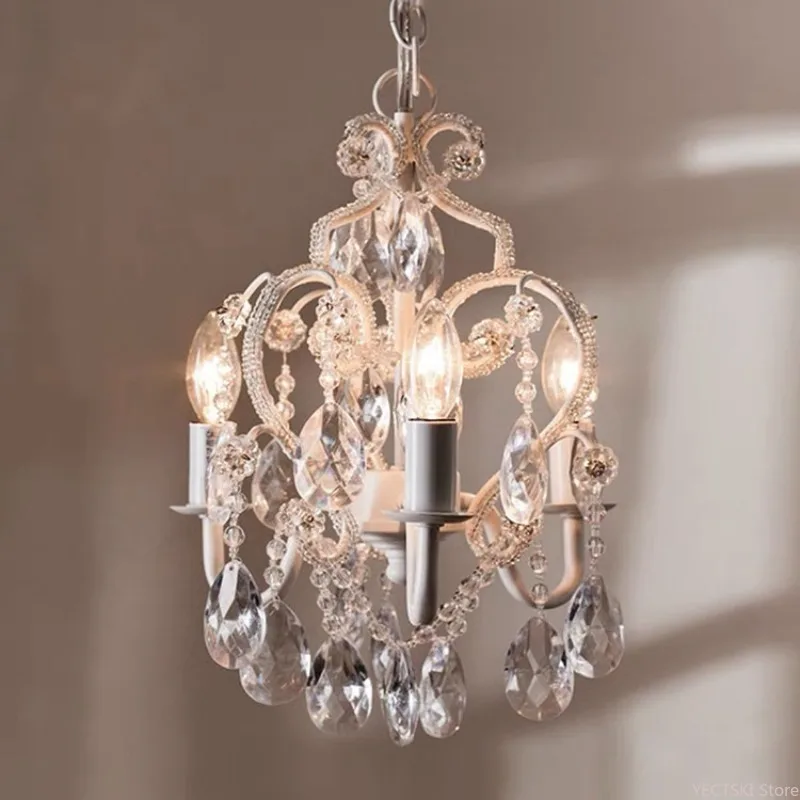 Heart shaped crystal pendant light, white cream style European French style dressing room, bedroom light