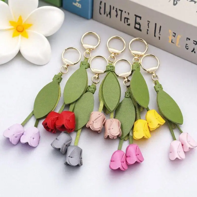 2025 Leather Flower Shaped Bag Charm Genuine Leather Rope Women's Tulip Cactus Bag Pendant Car Keychain Hand Rope Accessories