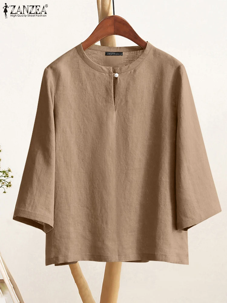 

ZANZEA Casual Loose Cotton Blusas Mujer Solid Vintage O Neck Women Tops 3/4 Sleeve Plain 2025 Spring Summer Everyday Wear Blouse