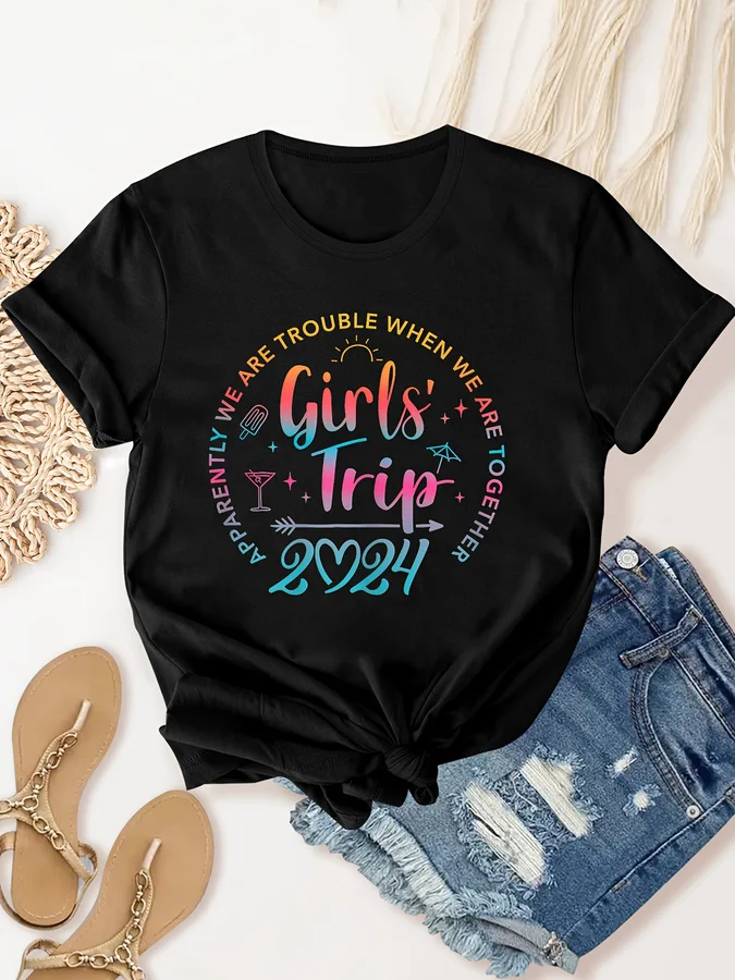 Women's Trip Print T-Shirt - 2024 Lettering & Trip Graphic, Comfortable Short Sleeve Crew Neck Workout Top, Casual Activewear fo