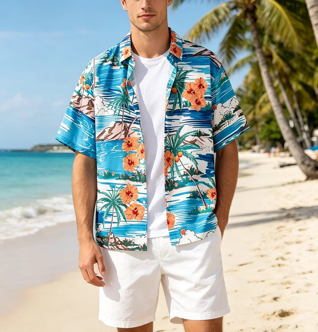 

2026Men's Hawaiian Shirt Summer Short Sleeve Button Up Shirt Vintage Wave Print Casual Loose Blouse for Beach Vacation Holiday
