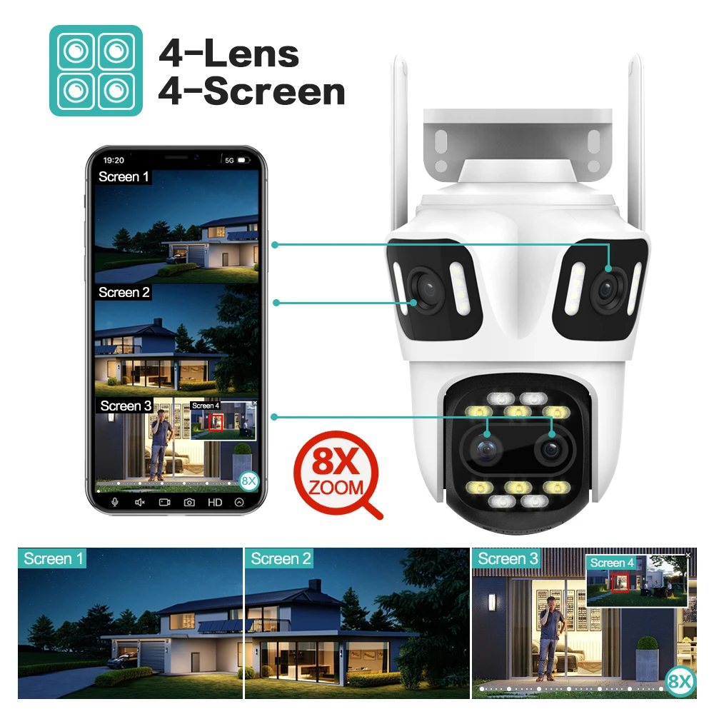 Wifi Camera Outdoor PTZ 4 Lens 4 Screen 8X Hybrid Zoom AI Auto Tracking Linkage Video Bluetooth Security Camera IP iCSee APP