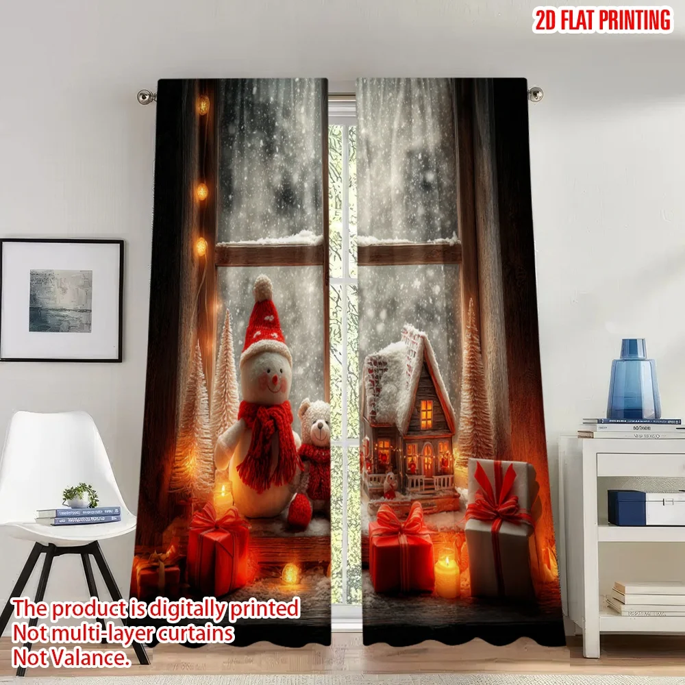 

2pcs 2D flat printing Merry Christmas Curtains Cozy Christmas Scene Gifts Digital Printed Polyester Drapes Party & Holiday Decor