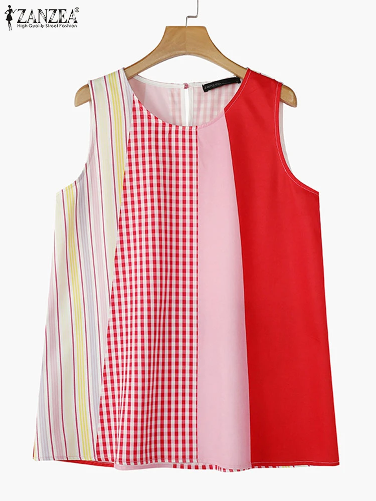 ZANZEA Sweety Streetwear Camis Women Sleeveless Tops Korean Fashion 2024 Stripe Colorblock Tanks Casual Round Neck Simple Tees