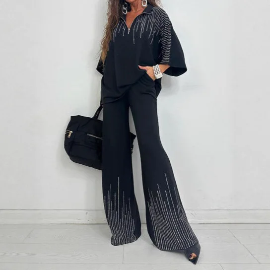 Vêtements pour femmes européens et américains, amples et décontractés, noirs, ensemble de poinçonnage, ensemble de 2 pièces, nouvelle collection automne et hiver