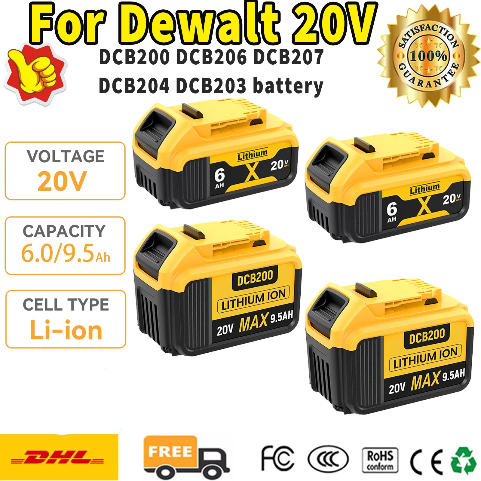 

9500mAh For Dewalt DCB200 20V Battery DCB205 DCB206 DCB209 DCB181 DCB182 Replacement Power Tool Lithium Batteries