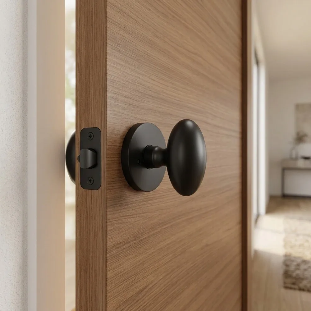 Matte Gray Elliptical Door Knob Set, Non-Locking Passage Handle For Interior Doors, Stainless Steel Faceplate With Zinc Alloy Kn