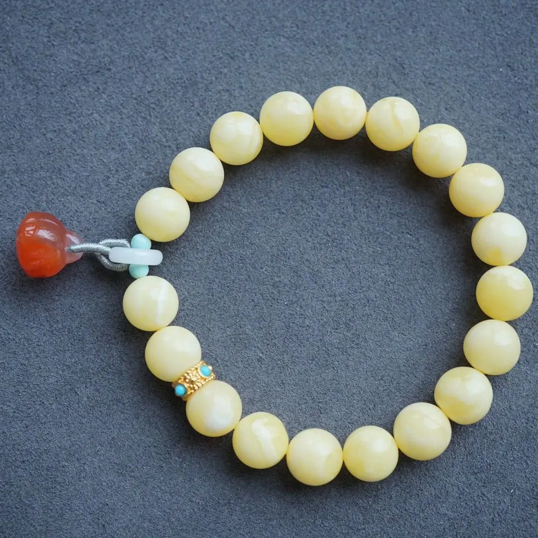 Natural Russian White Flower Amber Bracelet With South Red Agate Lotus Pendant Oriental Lucky Fortune Jewelry Gift For Mom Women