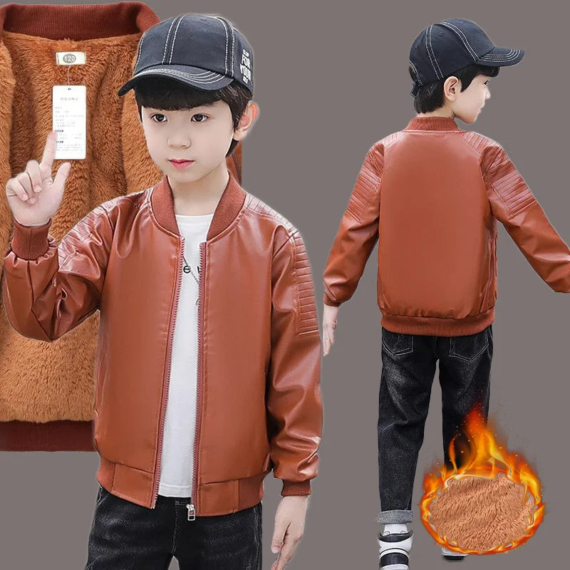 Boys Leather Jackets New Girls Classics Thicken Pu Coats Kids Plus Velvet Fashion Outerwear Teenager Autumn Winter Warm Clothes