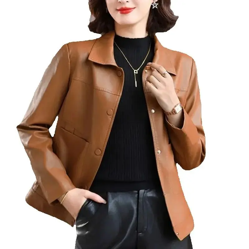 Brown PU leather Jackets Women's High-End New Spring Autumn Casual Short Jacket Leather Mid-Aged Mother Coat Brown Leather Coat