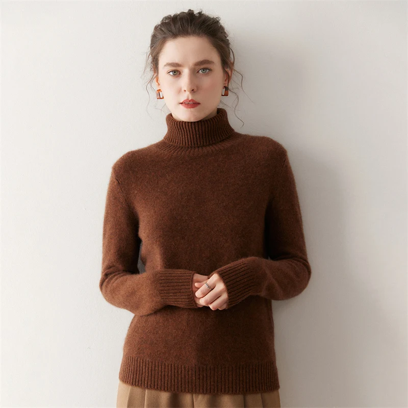 المرأة الماعز سترة الكشمير المعنقة عالية الياقة طويلة الأكمام البلوز الخريف الشتاء لينة الدافئة عادية الكشمير تريكو بلوزات سميكة #6