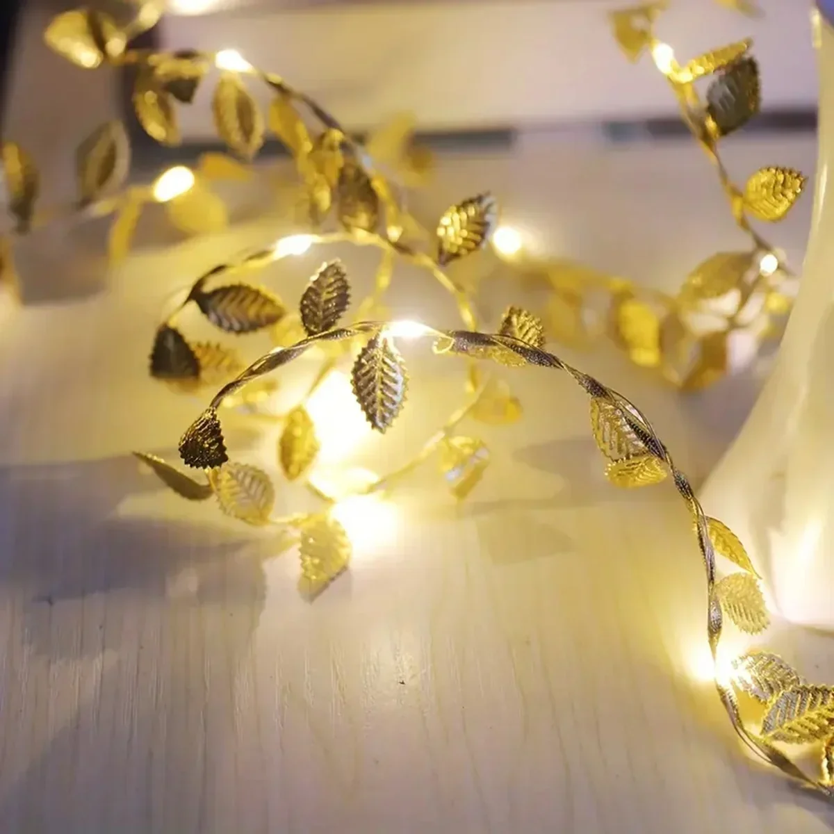 20/50/100LEDs Golden Silver Tiny Leaves Fairy Light Battery Powerd Artificial Plant Garland Vine Lights For Wedding Home Party