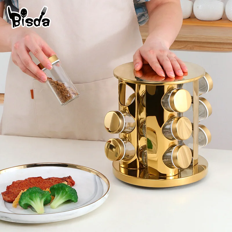 Stainless Steel Rotating Seasoning Rack With 12PC Glass Spice Jar Multifunction Seasoning Set Kitchen Salt Shaker Pepper Bottles