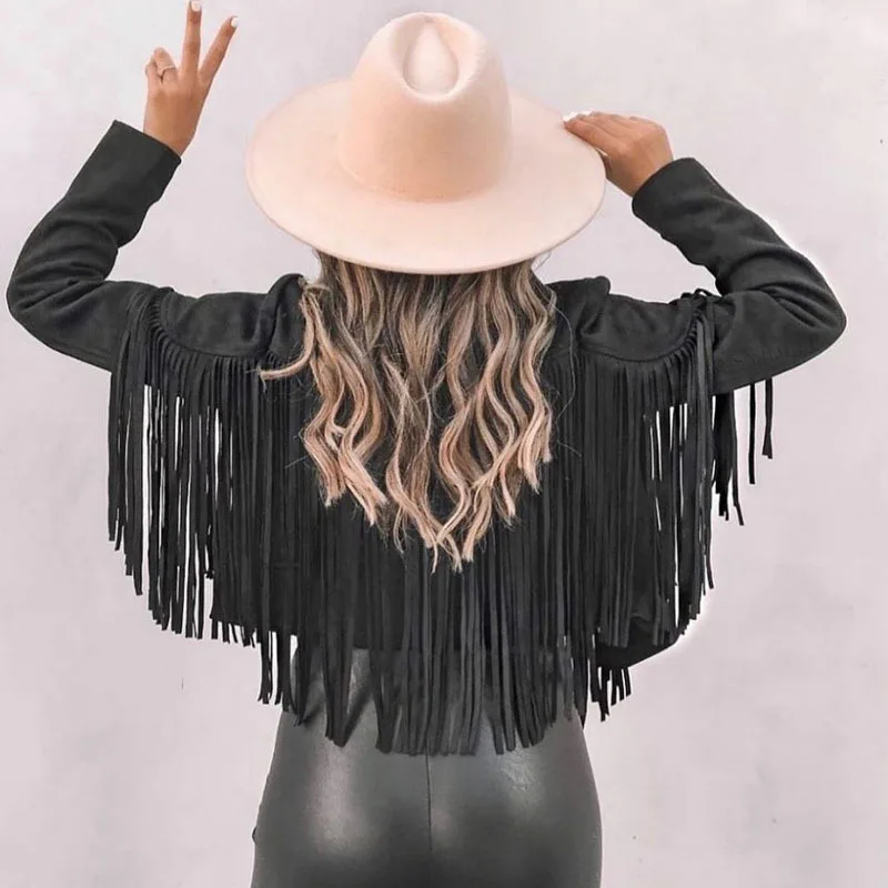 Women's Suede Jacket Women Indie Folk Tassel Spring/Autumn Crop Coat Women Fringed Long-sleeved Bohemian Ethnic Jackets Brown