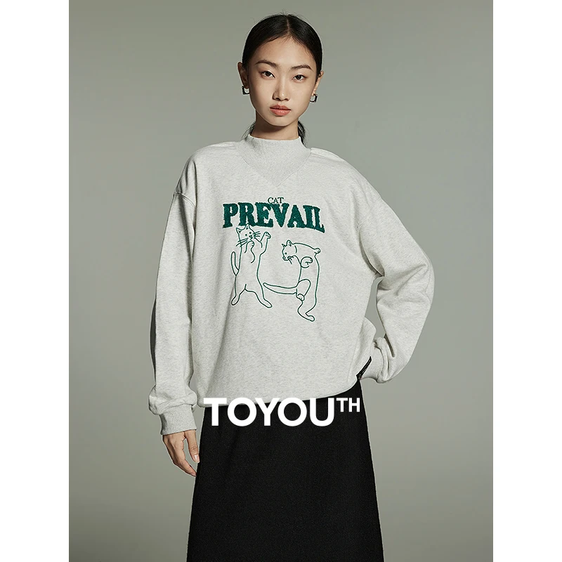 Toyouth Women Plush Sweatshirt 2023 Winter Long Sleeve Half High Collar Loose Hoodies Cat Embroidery Casual Cute Apricot Tops