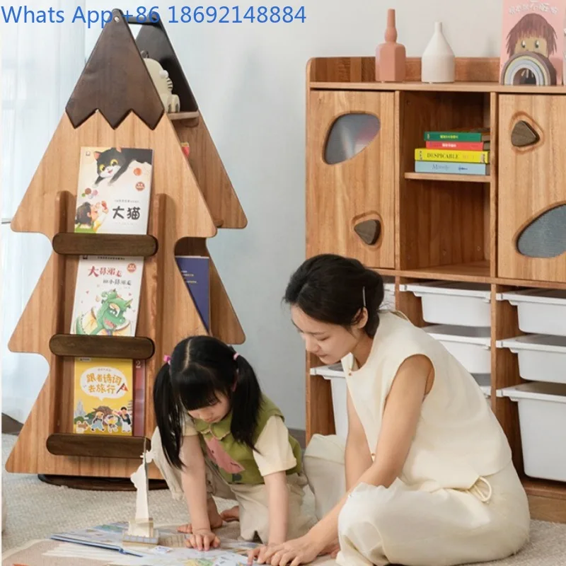 Scaffale girevole a 360 gradi Scaffale per libri illustrati in legno massello Area lettura Libreria Organizzatore di stoccaggio da pavimento per uso domestico