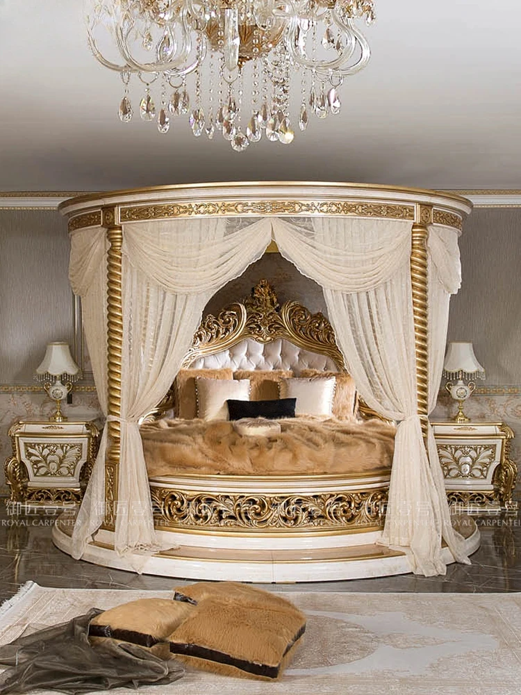 European Court Bed Solid Wood round  Villa French Wood Carved Leather  Master Bedroom Princess 1.8M Double Marriage Bed