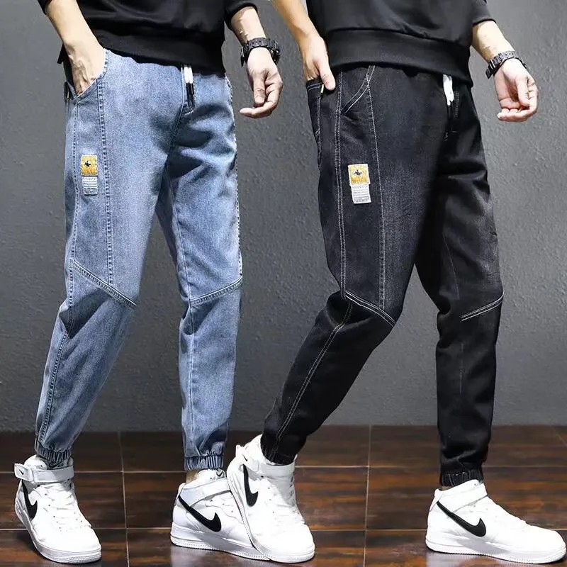 

Новинка 2025 года, мужские повседневные свободные джинсы, весенне-осенние молодежные универсальные спортивные брюки из 9 предметов большого размера с манжетами, эластичная талия
