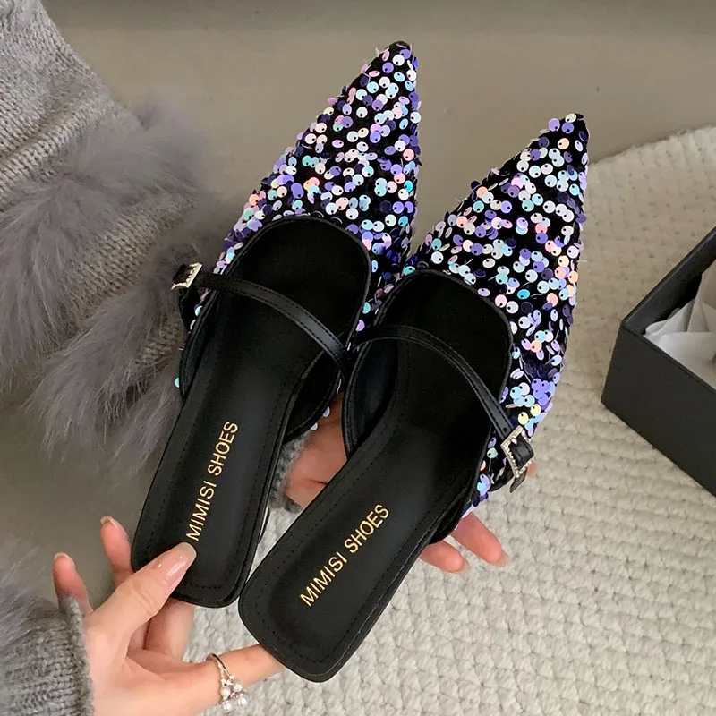 Sepatu hak rendah wanita, Kasut pantofel Pump Slip On mewah Bling ujung lancip