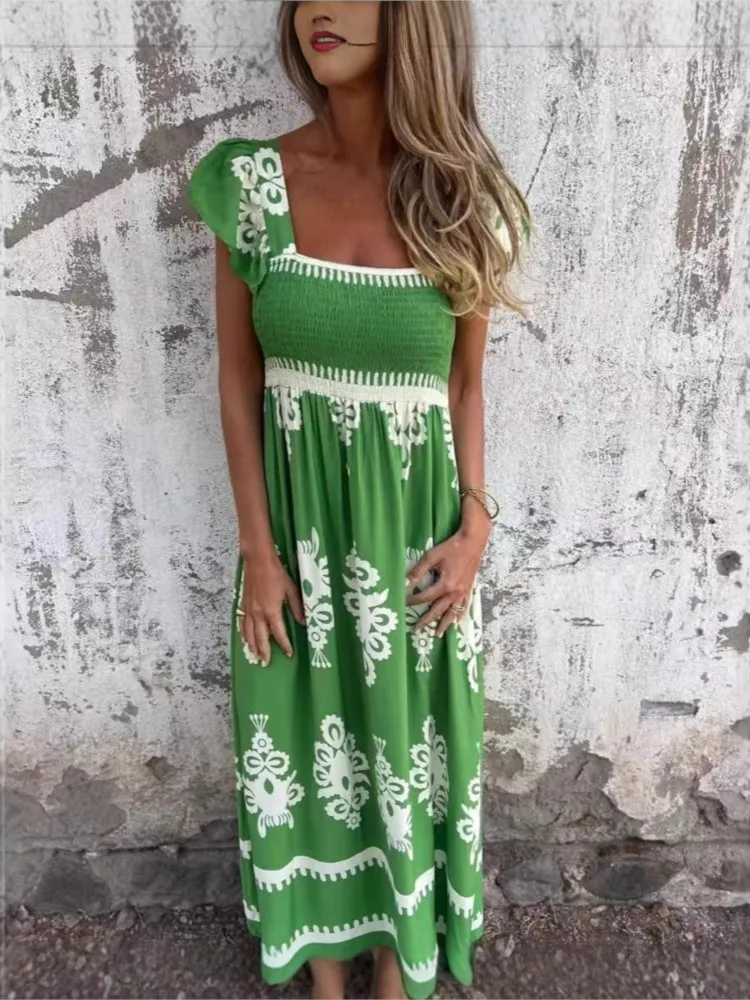 Boho vestido de impressão para mulheres moda babados manga curta vestido solto casual férias praia cintura alta vestidos longos senhora verão novo