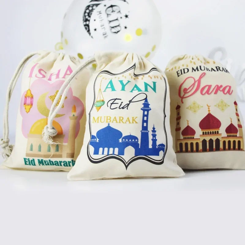 5pcs Personalised Custom Eid Mubarak Gift Bag Islamic Muslim Ramadan Kareem Favor Bag Eid Al-Fitr Decoration Family Kid Present