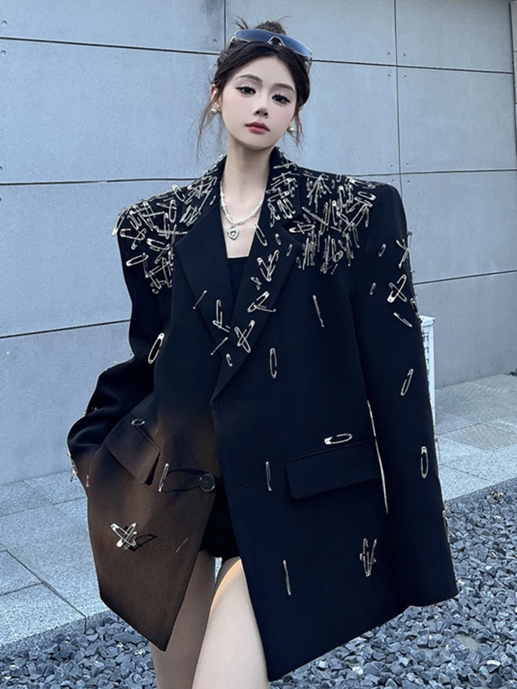 YERMORA Black Metal Pin Big Size Design Blazer For Women Lapel Long Sleeve Loose New Jacket Fashion Tide Spring Autumn 2025