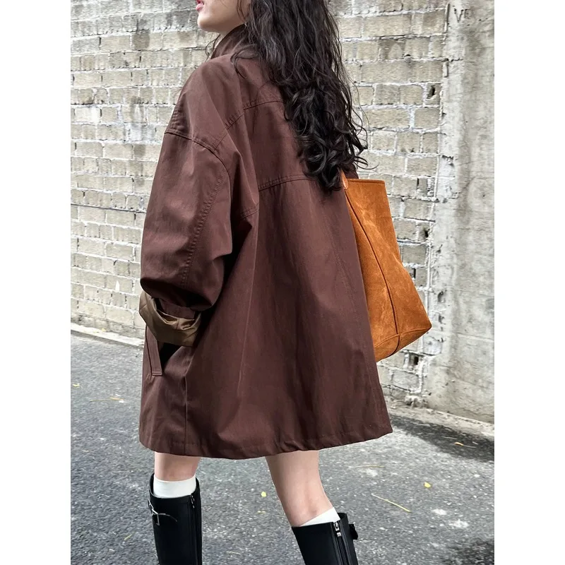 Simple Fashion Trench Coat Women Spring Autumn Stand-up Collar Single Breasted Loose Casual Brown Black Windbreaker Jacket Tops