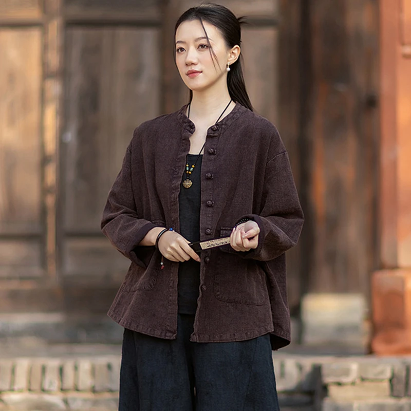 

Высококачественные хлопково-льняные повседневные пальто для женщин, новинка 2026 года, весенние, в китайском стиле, винтажные, с воротником-стойкой, свободного кроя, базовая женская куртка M2352
