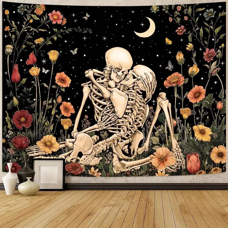 VIKAMA Skeleton Lovers Tapestry Gothic Skull Kissing Couple Wildflowers Moon Phase Wall Hanging Dark Academia Wall Decor