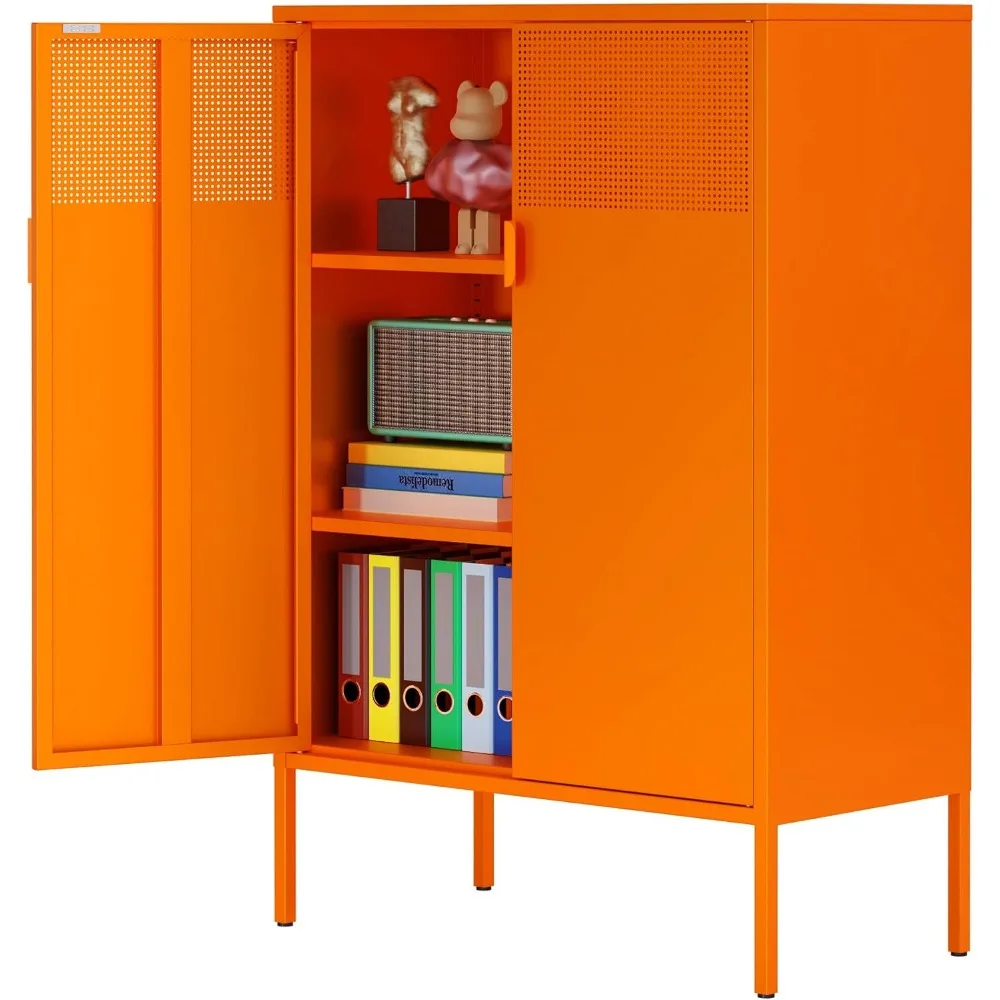 

Orange 3 Tier Metal Storage Cabinet with Legs, 2 Door Metal Locker Style Accent Storage Cabinet with 2 Adjustable Shelves for Ho