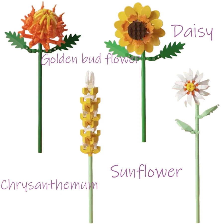 

Four types of building block flowers. Peony, Michelia, jasmine, camellia. Cute desktop ornaments, festival gifts.