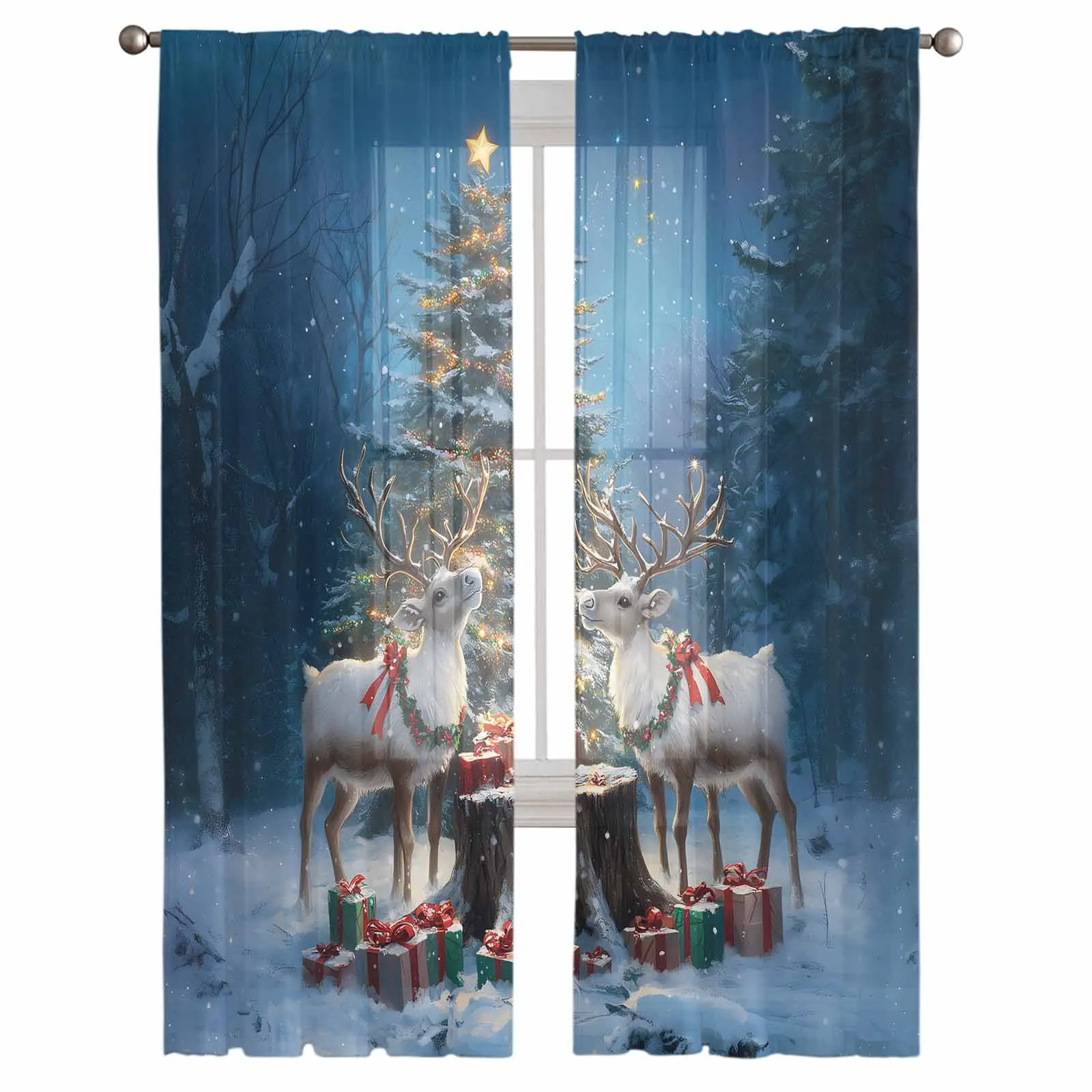 Christmas Tree Stump Reindeer Forest Gift Bedroom Transparent Sheer Curtains Holiday Decoration Window Voile Tulle Curtain