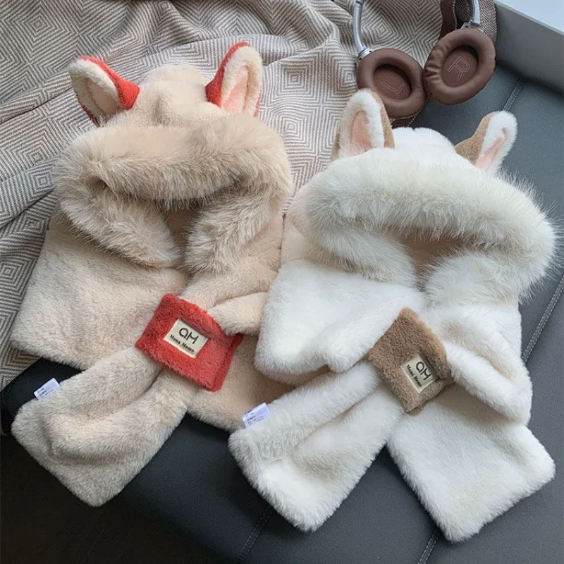 Winter Kinder Mädchen Kawaii Einteilige Hut Schal und Handschuhe Set Casual Dicke Nette Fuchs-ohren Plüsch Warme winddicht Outdoor Caps Schals