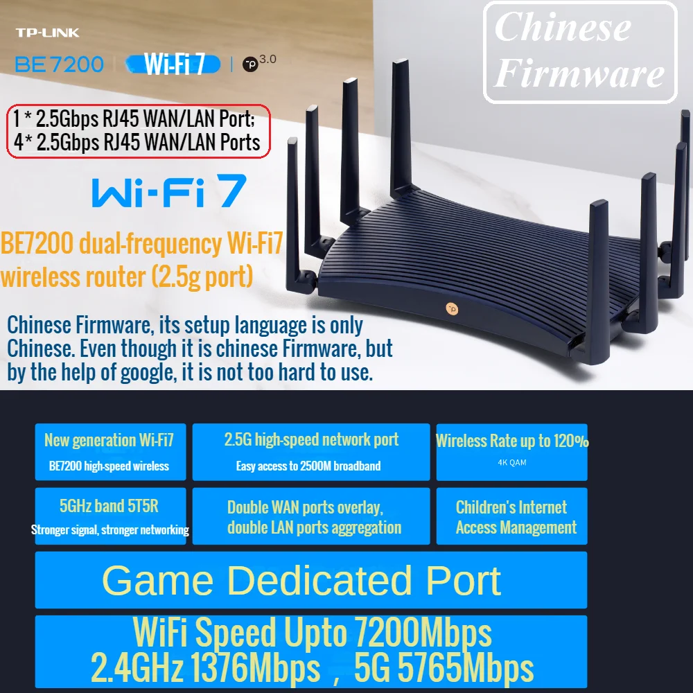 5*2.5G RJ45 WAN/LAN Ports, BE7200 7200Mbps WiFi7 Wireless Mesh Router Dual-Frequency Wi-Fi 7 IEEE802.11be, 2.4G 1376M, 5G 5765M