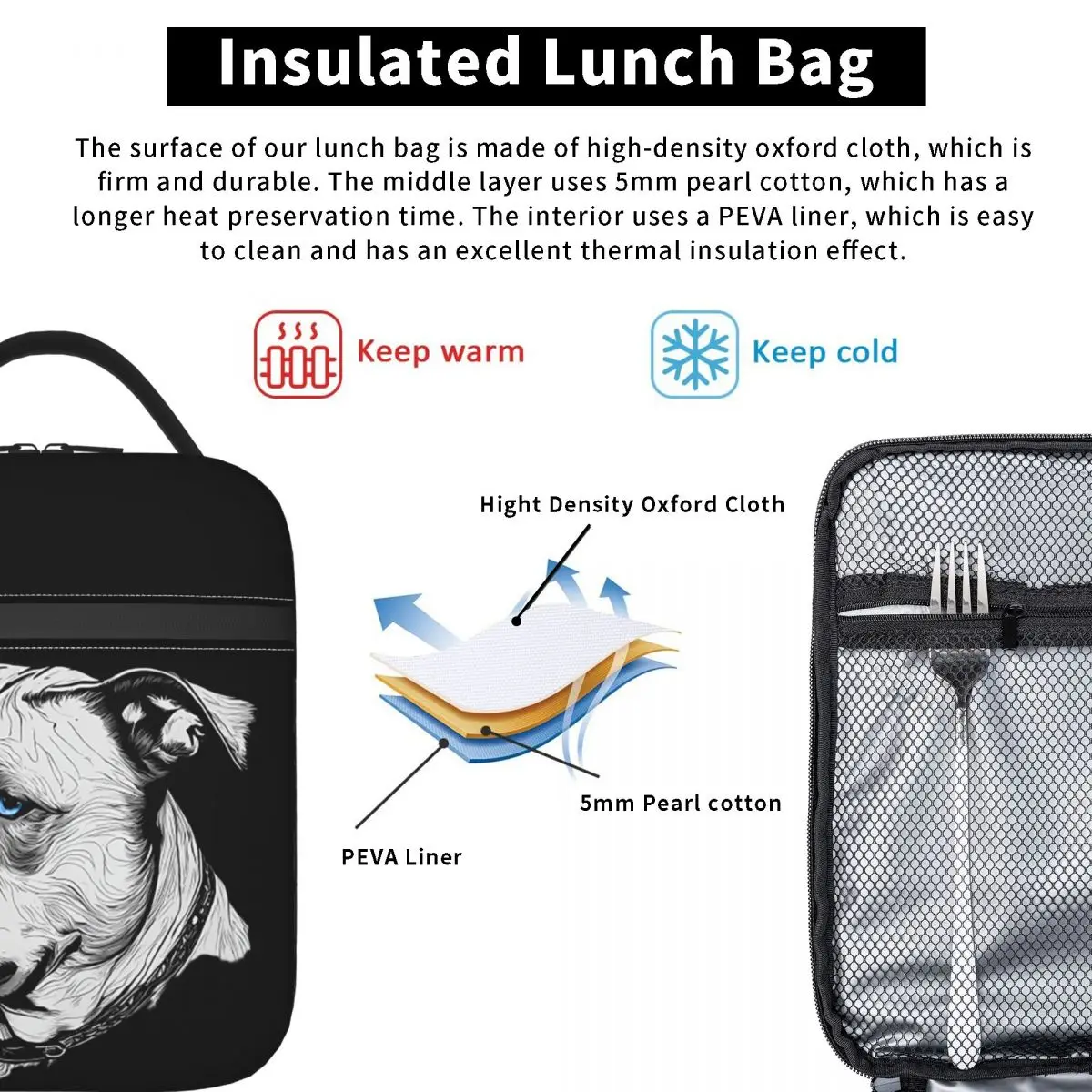 Minimalist Line Pitbull With Blue Eyes Insulated Lunch Bag for Women Children Portable Food Boxes Thermal Lunch Box Tote
