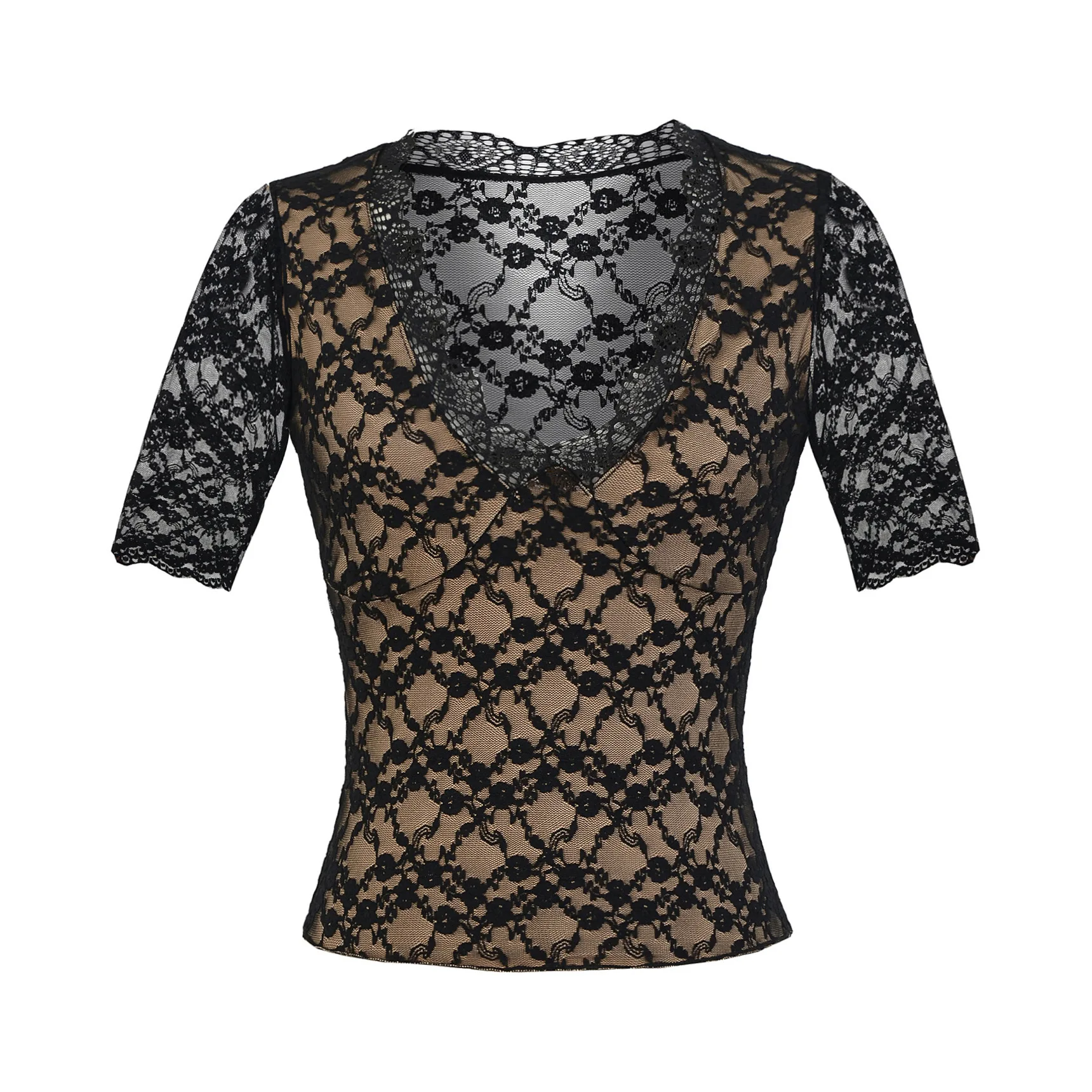 رغبة نقية نمط جديد فتاة ساخنة مثير الدانتيل الخامس الرقبة طويلة الأكمام تي شيرت المرأة 2025 صيف جديد سليم زهرة مطبوعة صالح البنطال القصير 5R4L