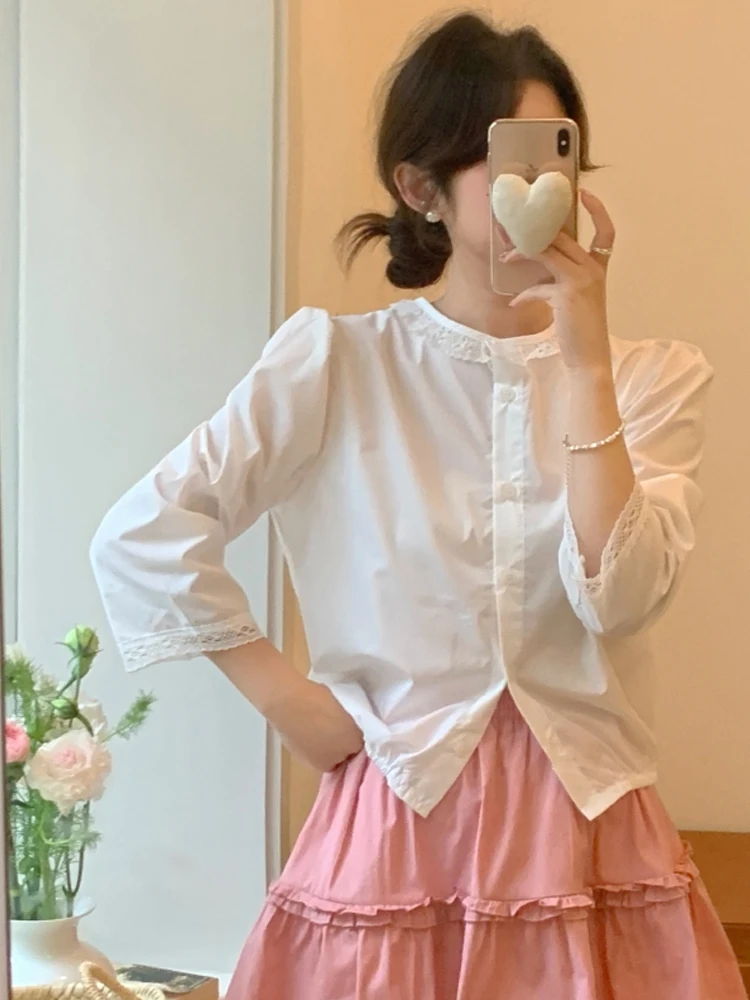 Witte kanten rand irt dames hoge taille A-lijn roze rok Koreaanse Sle Sweet Commute Bubble Sve button-up blouse